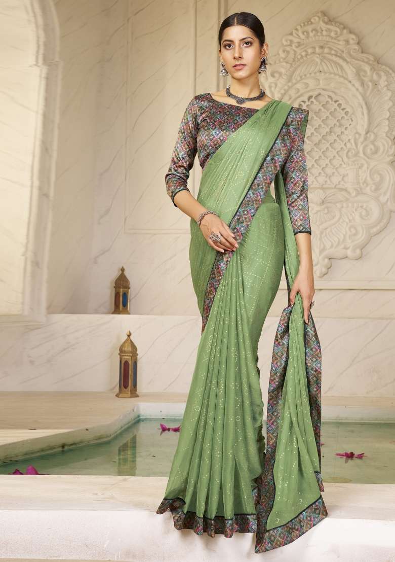 Green Chiffon Saree Set with Abstract Print for Diwali | Wedding & Festive Wear - Indya