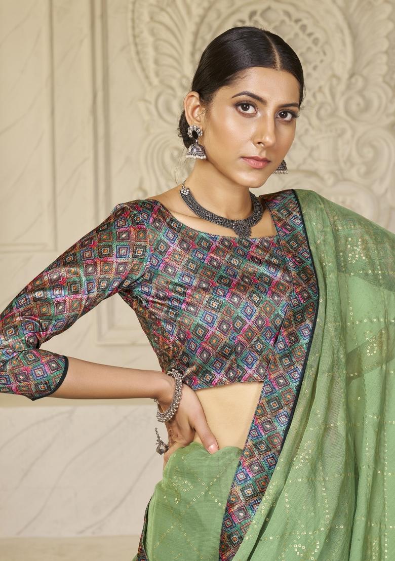Green Abstract Print Chiffon Saree Set