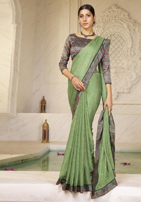 Green Abstract Print Chiffon Saree Set