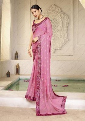 Pink Abstract Print Chiffon Saree Set