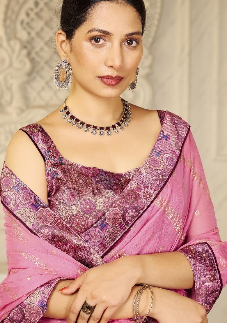 Pink Abstract Print Chiffon Saree Set