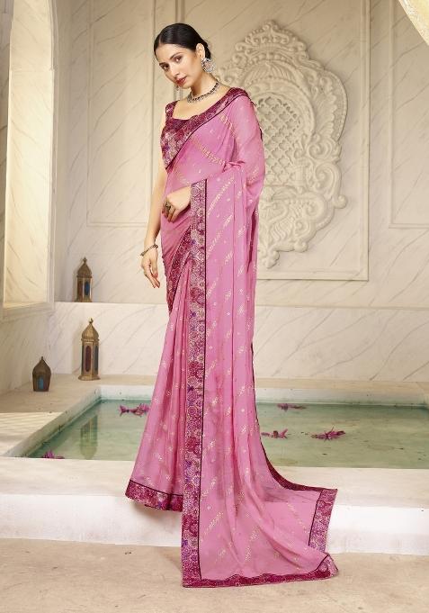 Pink Abstract Print Chiffon Saree Set