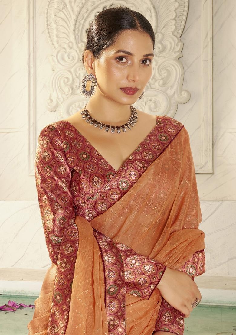 Orange Abstract Print Chiffon Saree Set