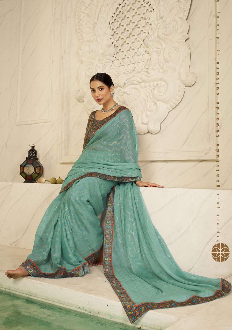 Sea Green Chiffon Saree Set with Abstract Print for Diwali | Wedding & Festive Wear - Indya