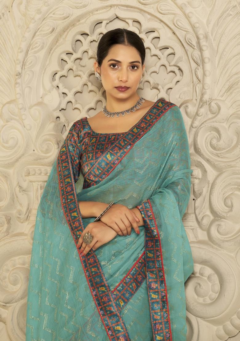 Sea Green Abstract Print Chiffon Saree Set
