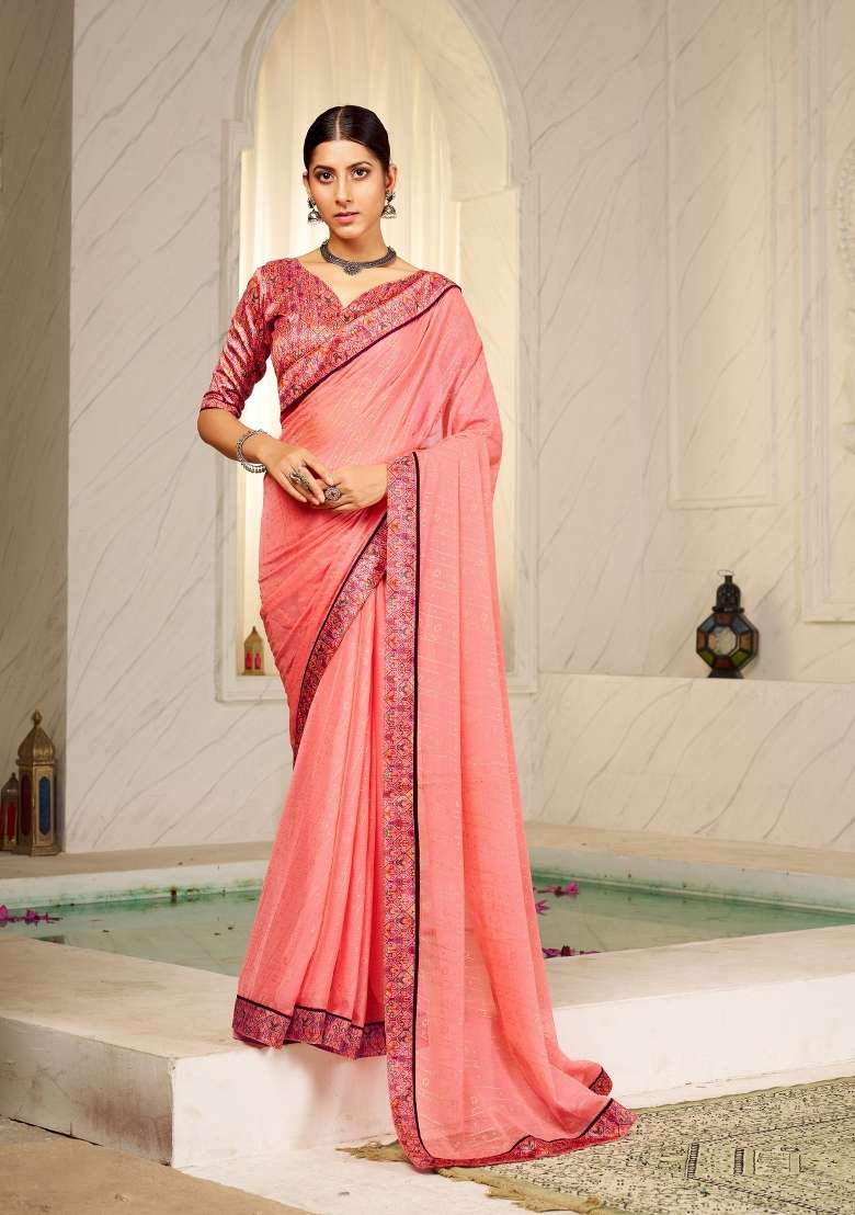 Peach Abstract Print Chiffon Saree Set for Diwali and Festive Wear - Indya
