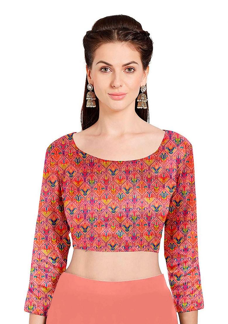 Peach Abstract Print Chiffon Saree Set