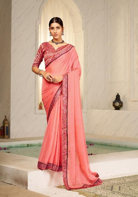 Peach Abstract Print Chiffon Saree Set