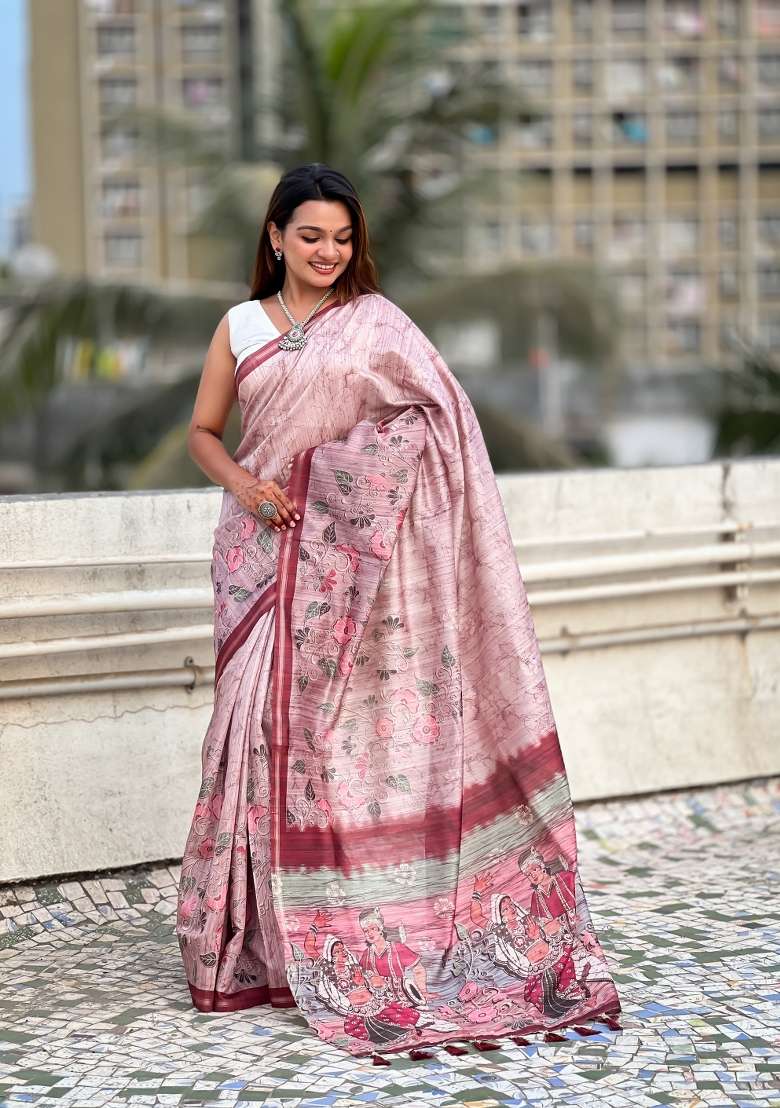 Baby Pink Floral Print Art Silk Saree Set - Indya