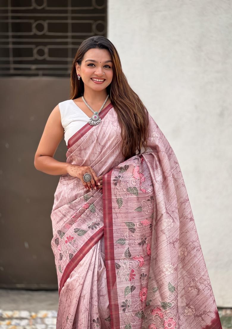 Baby Pink Floral Print Art Silk Saree Set