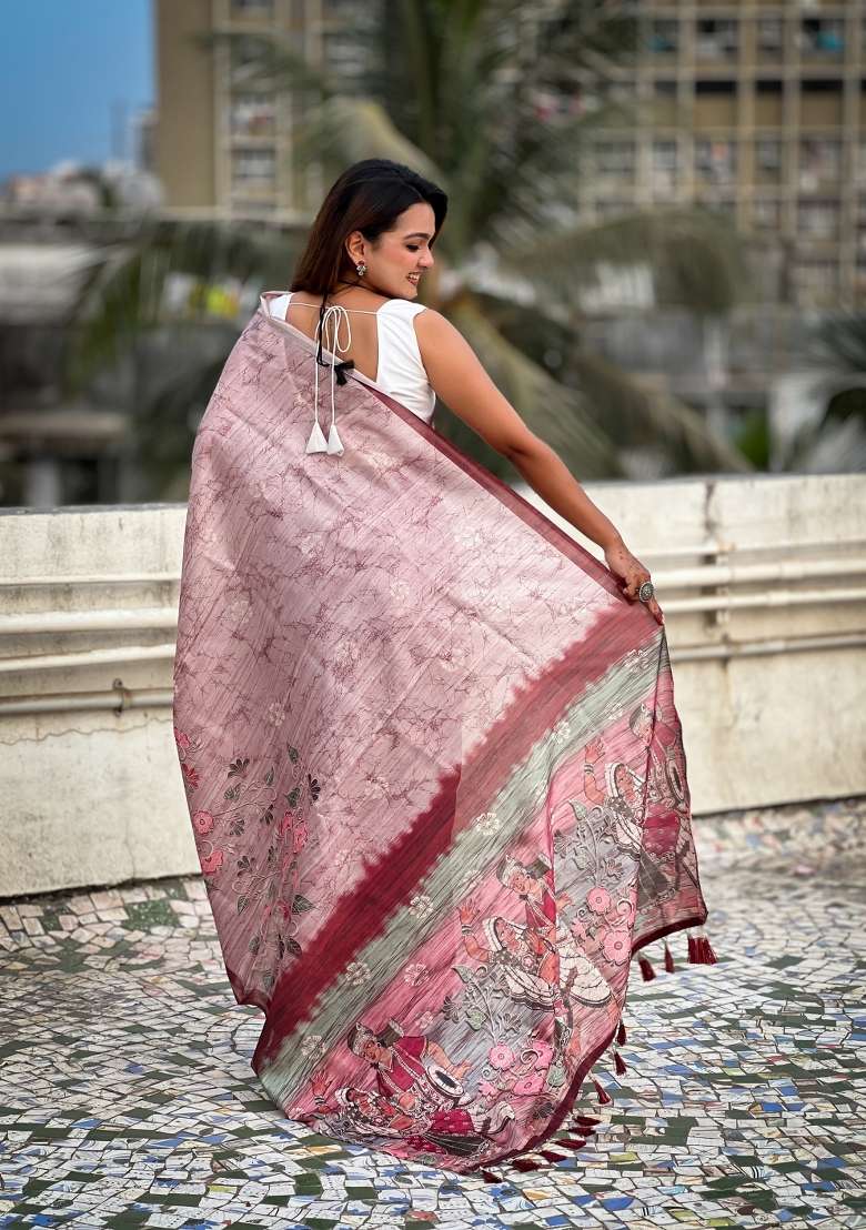 Baby Pink Floral Print Art Silk Saree Set - Indya