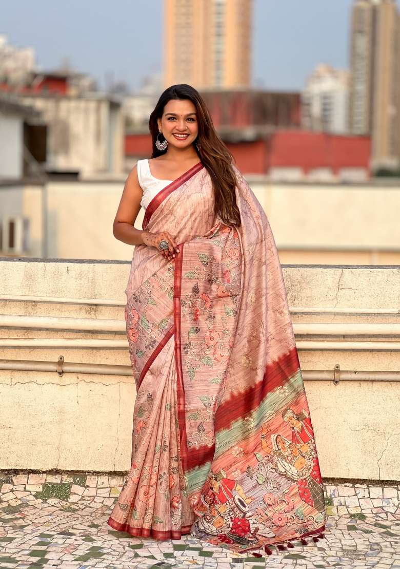 Peach Floral Print Art Silk Saree Set - Indya