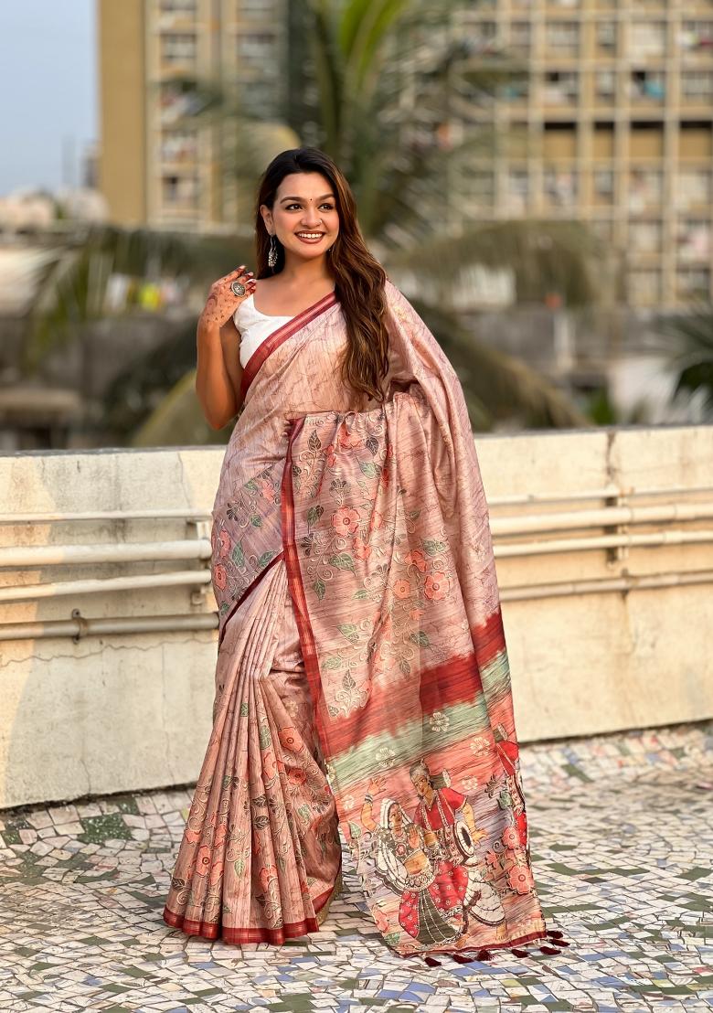 Peach Floral Print Art Silk Saree Set