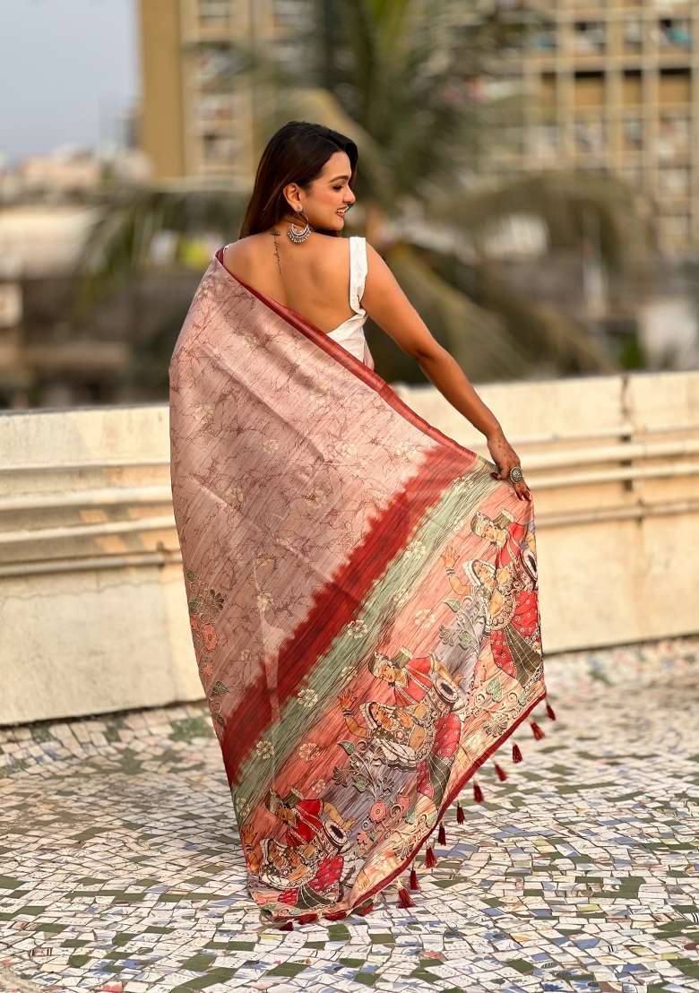 Peach Floral Print Art Silk Saree Set - Indya