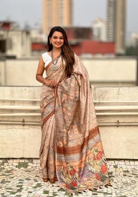 Brown Floral Print Art Silk Saree Set