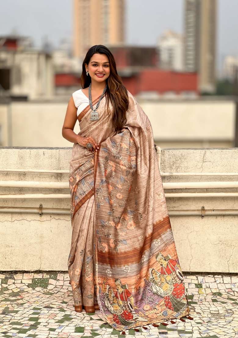 Brown Floral Print Art Silk Saree Set - Indya