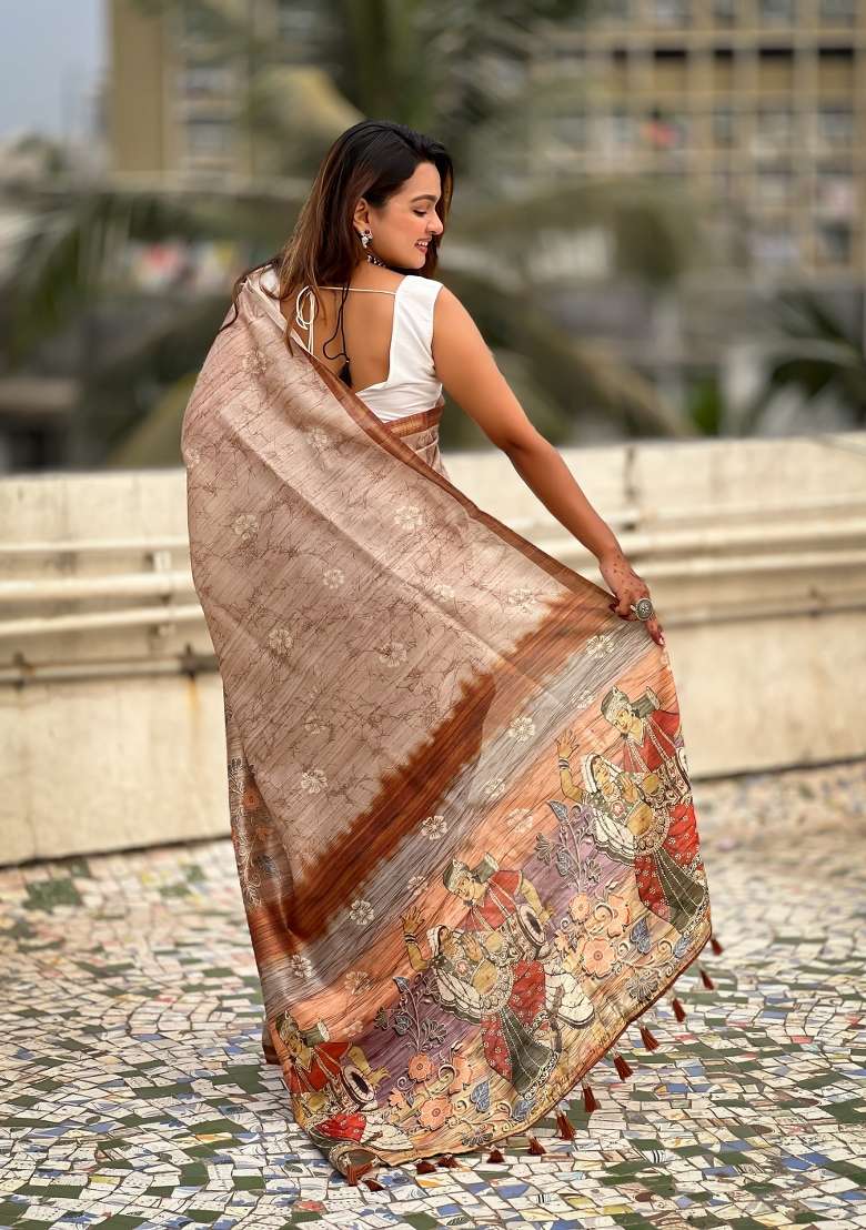 Brown Floral Print Art Silk Saree Set - Indya