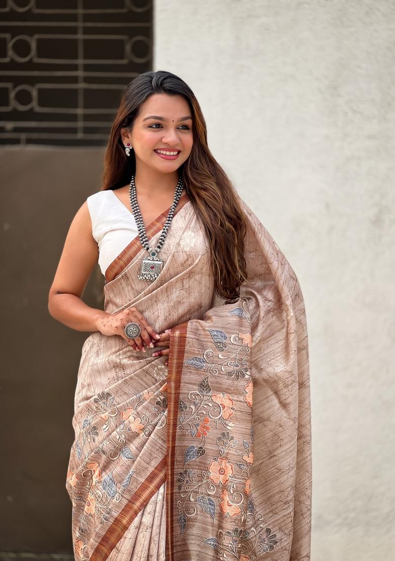 Brown Floral Print Art Silk Saree Set