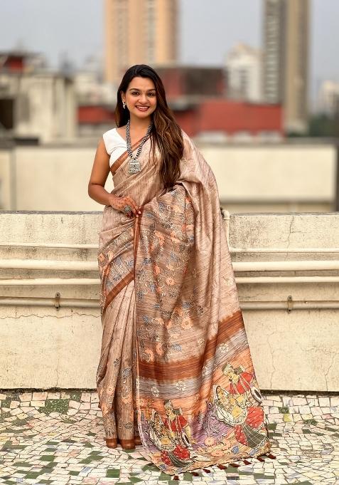 Brown Floral Print Art Silk Saree Set