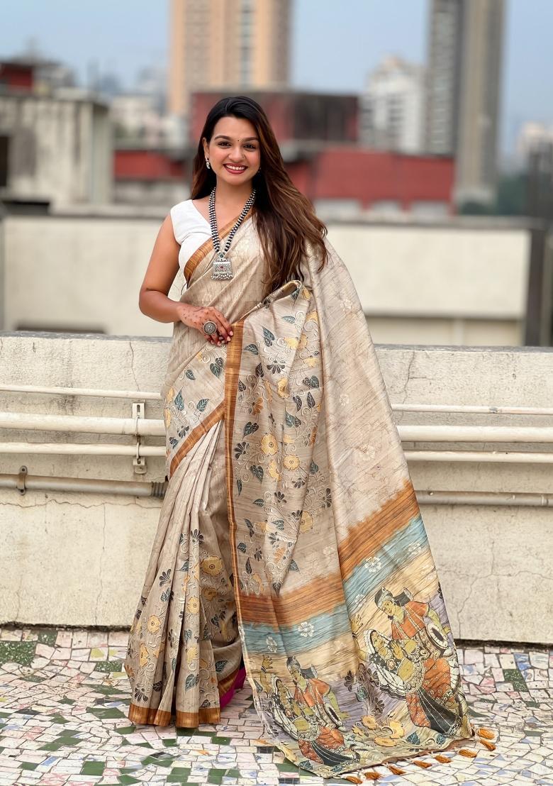 Light Gold Floral Print Art Silk Saree Set