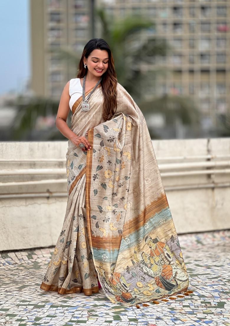 Light Gold Floral Print Art Silk Saree Set