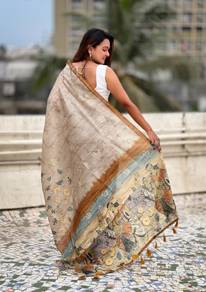 Light Gold Floral Print Art Silk Saree Set