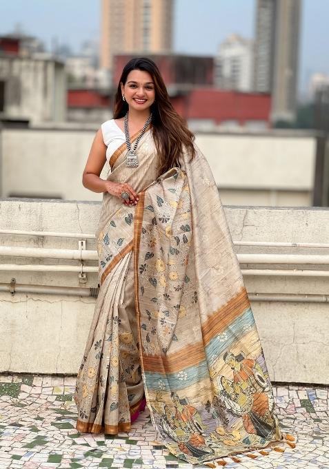 Light Gold Floral Print Art Silk Saree Set