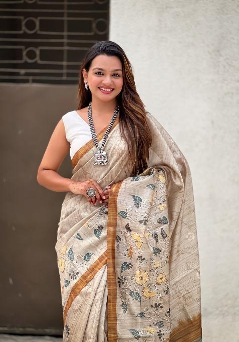 Light Gold Floral Print Art Silk Saree Set