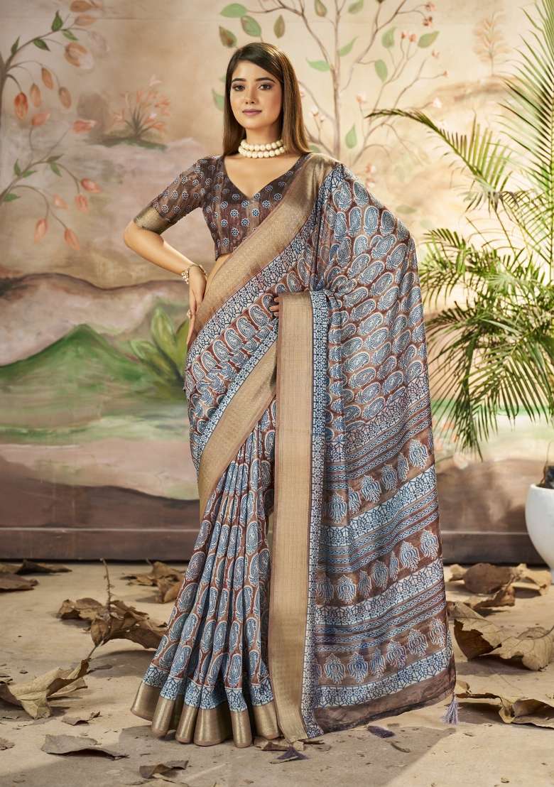 Brown Abstract Print Art Silk Saree Set - Indya