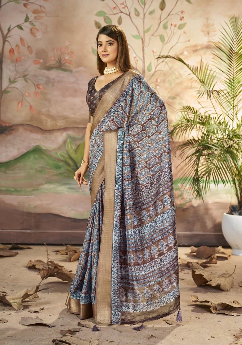 Brown Abstract Print Art Silk Saree Set