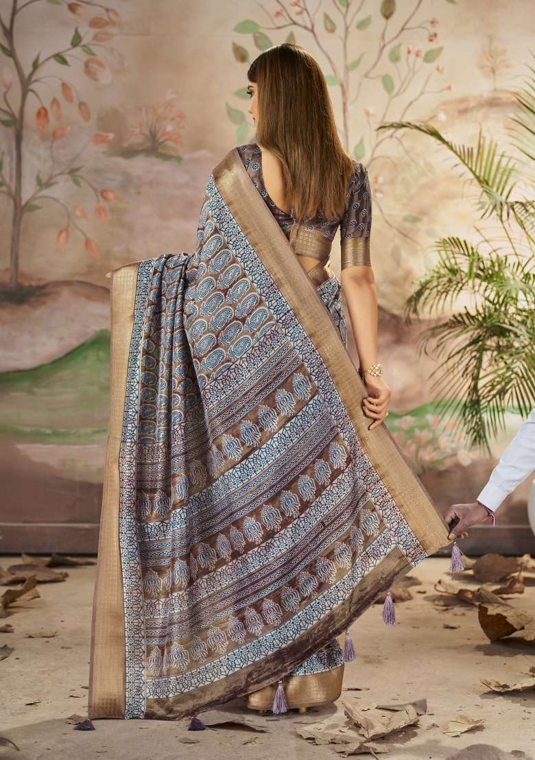 Brown Abstract Print Art Silk Saree Set - Indya