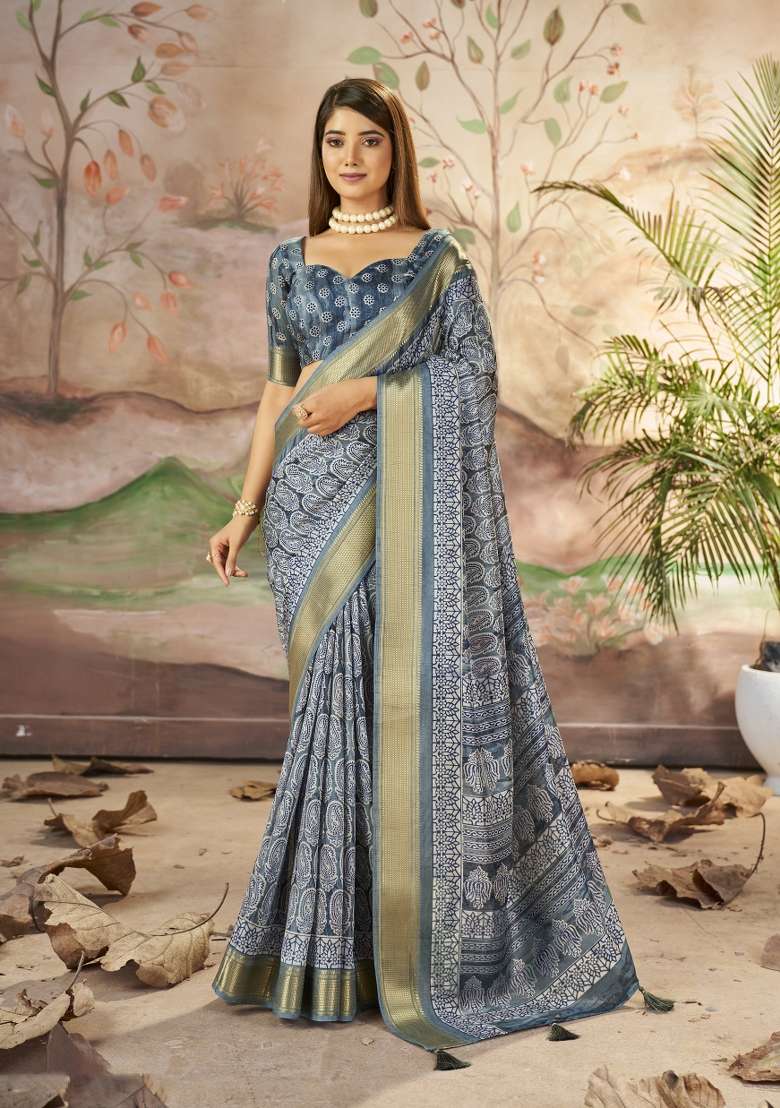 Grey Abstract Print Art Silk Saree Set - Indya