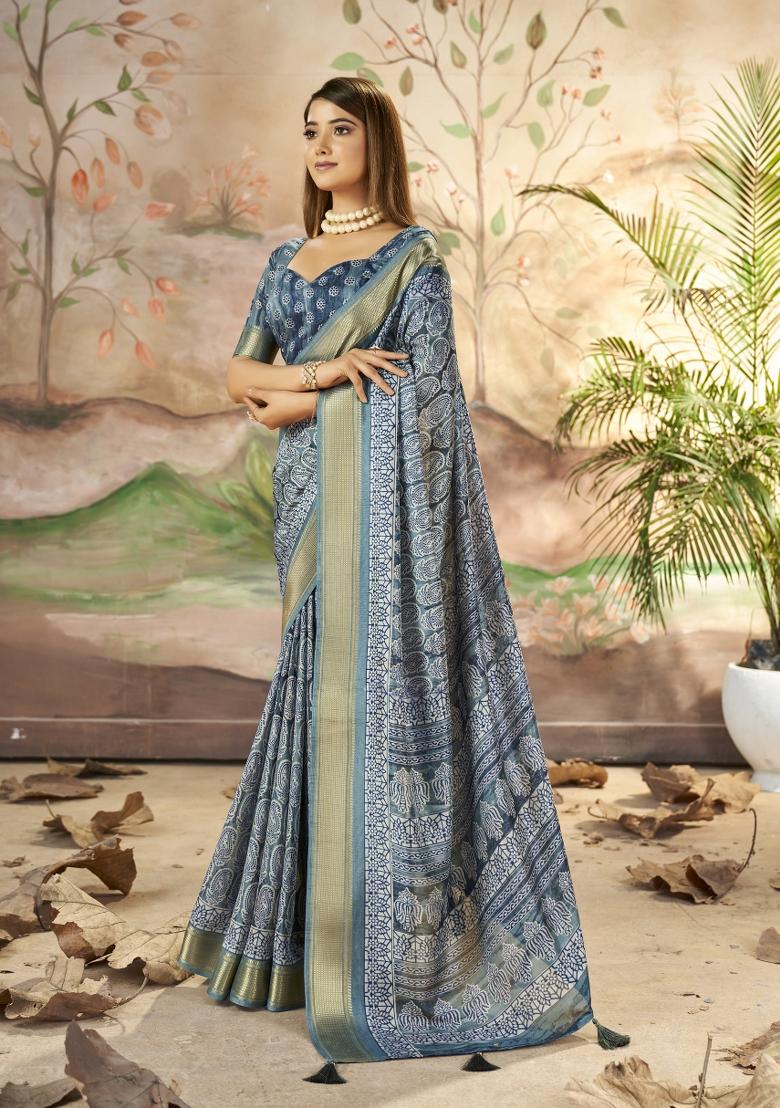 Grey Abstract Print Art Silk Saree Set