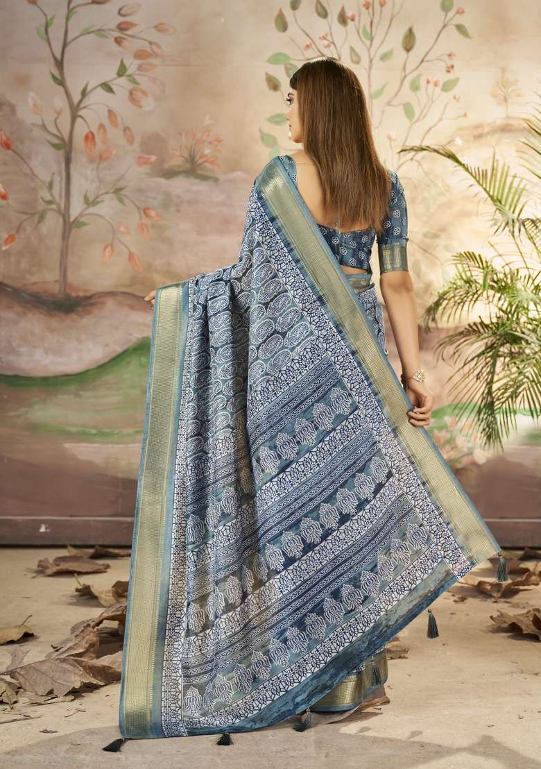 Grey Abstract Print Art Silk Saree Set - Indya