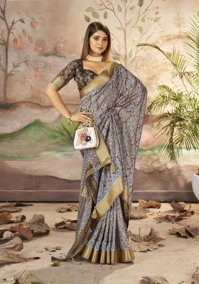 Brown Abstract Print Art Silk Saree Set