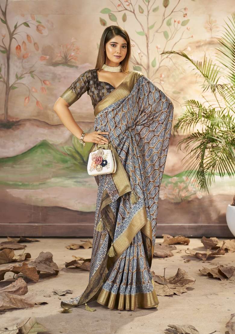 Brown Abstract Print Art Silk Saree Set - Indya