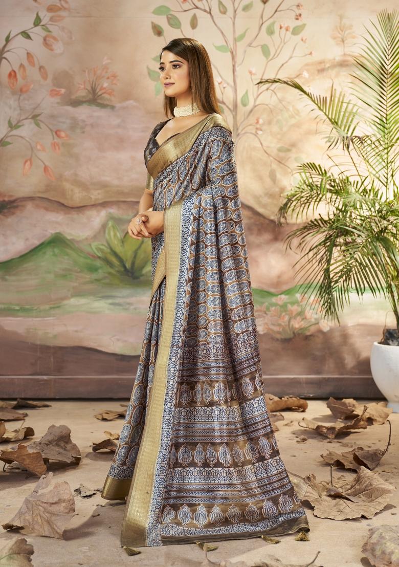 Brown Abstract Print Art Silk Saree Set