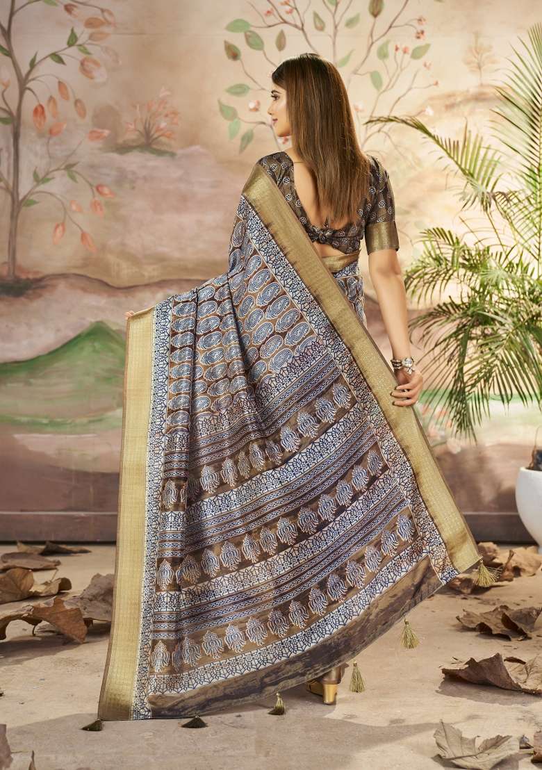 Brown Abstract Print Art Silk Saree Set - Indya