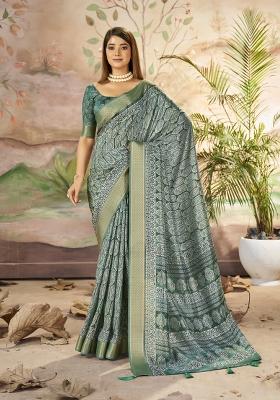 Teal Blue Abstract Print Art Silk Saree Set