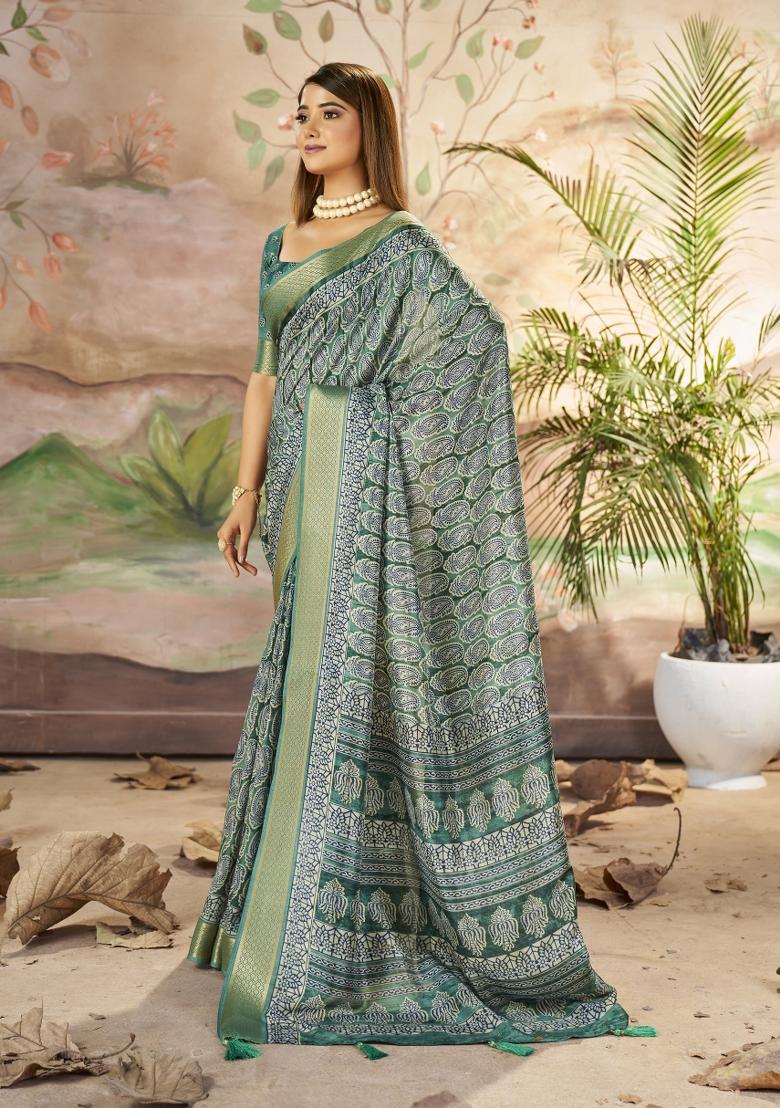 Teal Blue Abstract Print Art Silk Saree Set