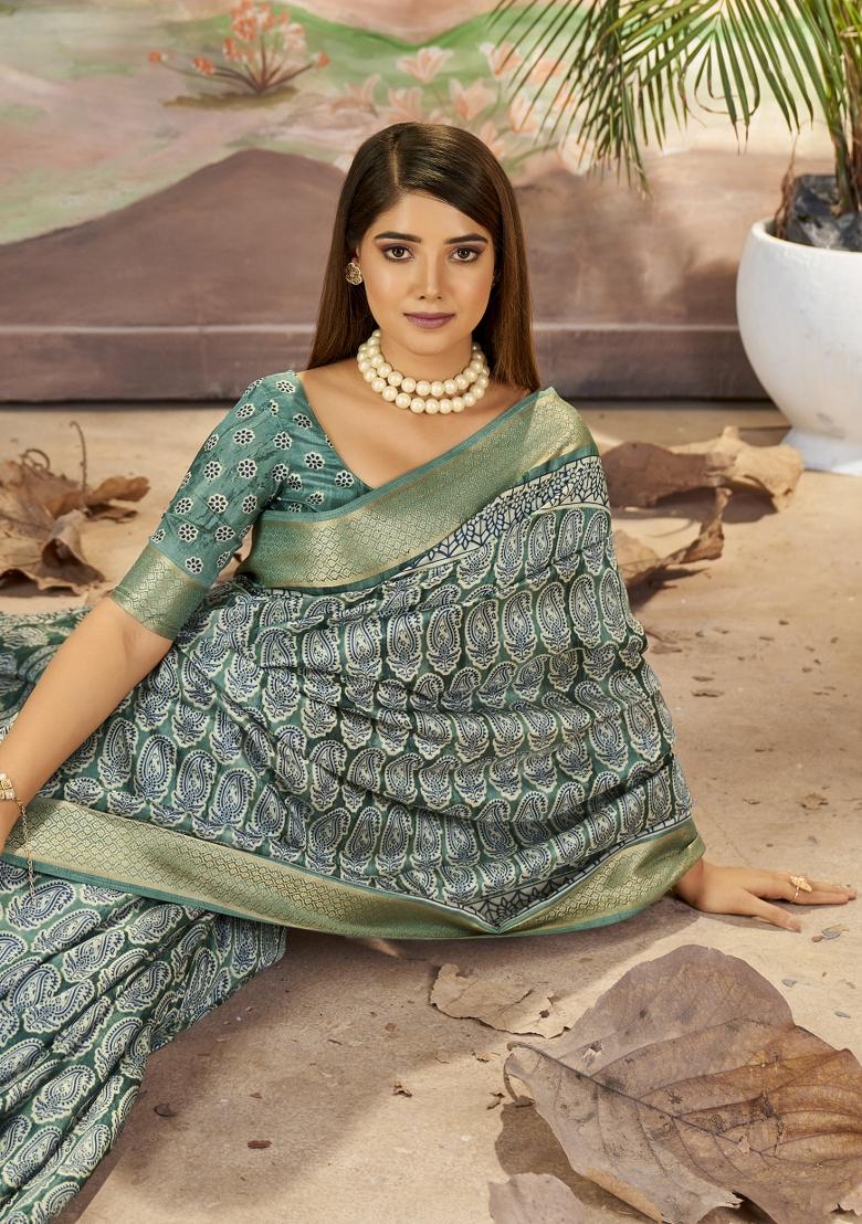 Teal Blue Abstract Print Art Silk Saree Set