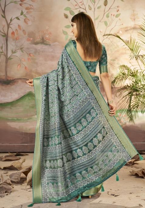 Teal Blue Abstract Print Art Silk Saree Set