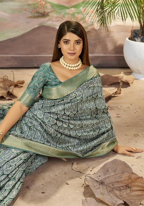 Teal Blue Abstract Print Art Silk Saree Set