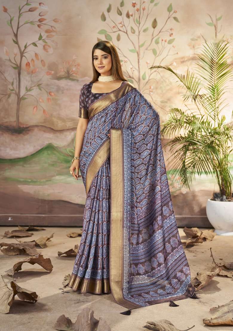 Brown Abstract Print Art Silk Saree Set - Indya