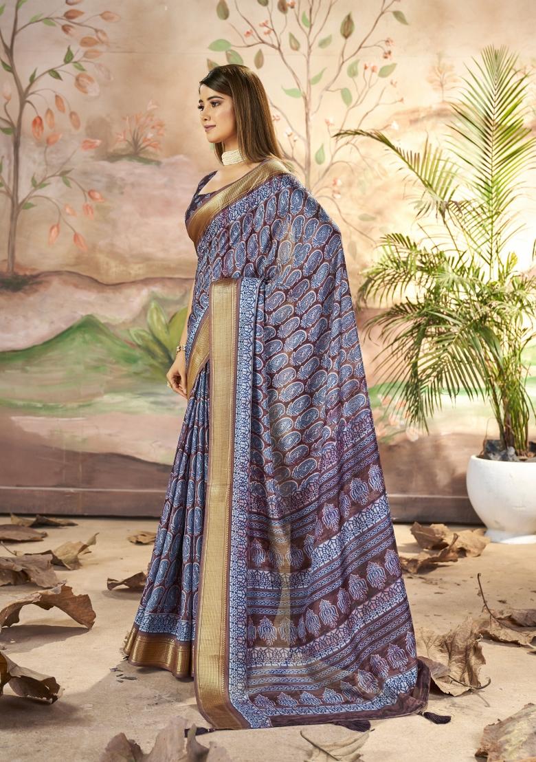 Brown Abstract Print Art Silk Saree Set