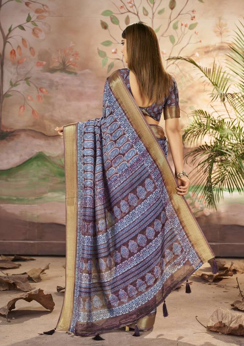 Brown Abstract Print Art Silk Saree Set - Indya
