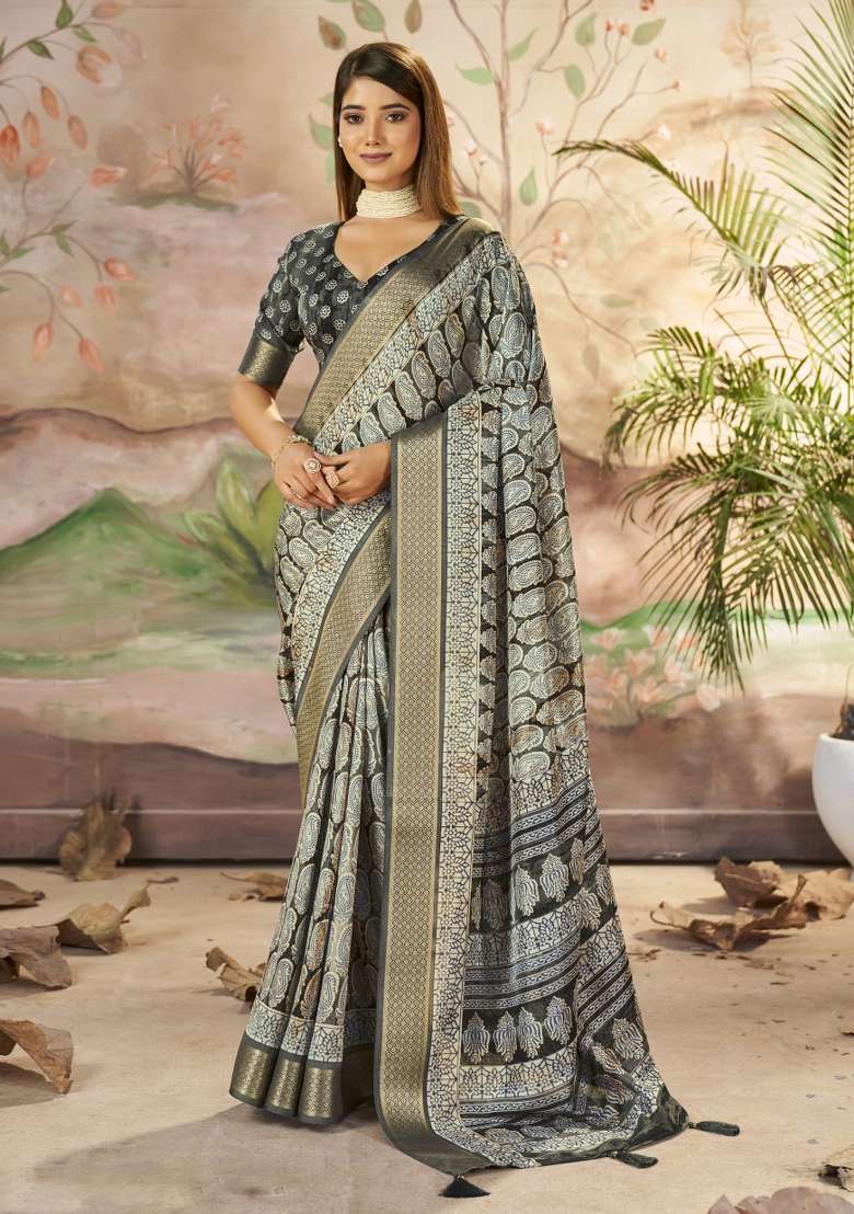Grey Abstract Print Art Silk Saree Set - Indya