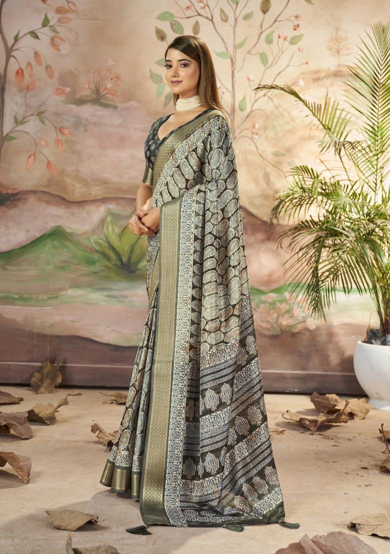 Grey Abstract Print Art Silk Saree Set