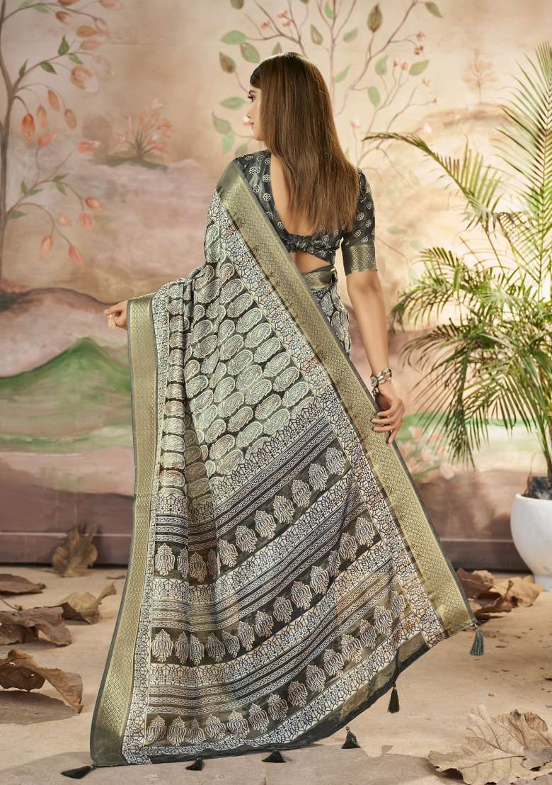 Grey Abstract Print Art Silk Saree Set - Indya
