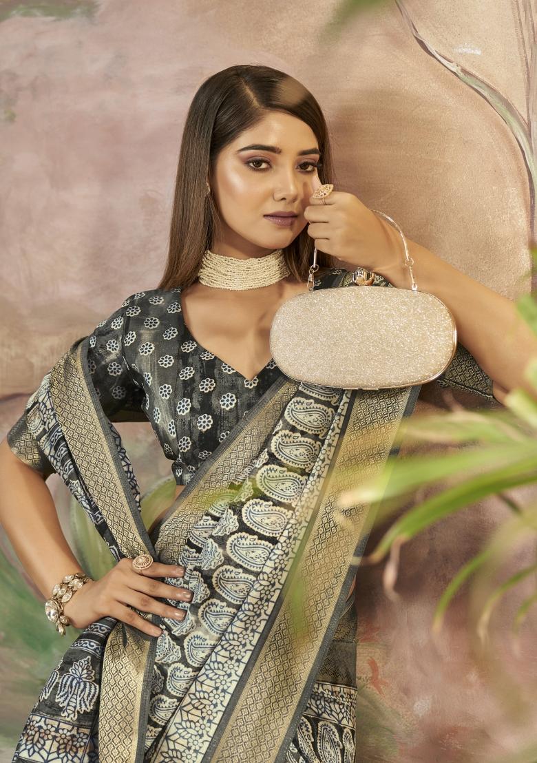 Grey Abstract Print Art Silk Saree Set